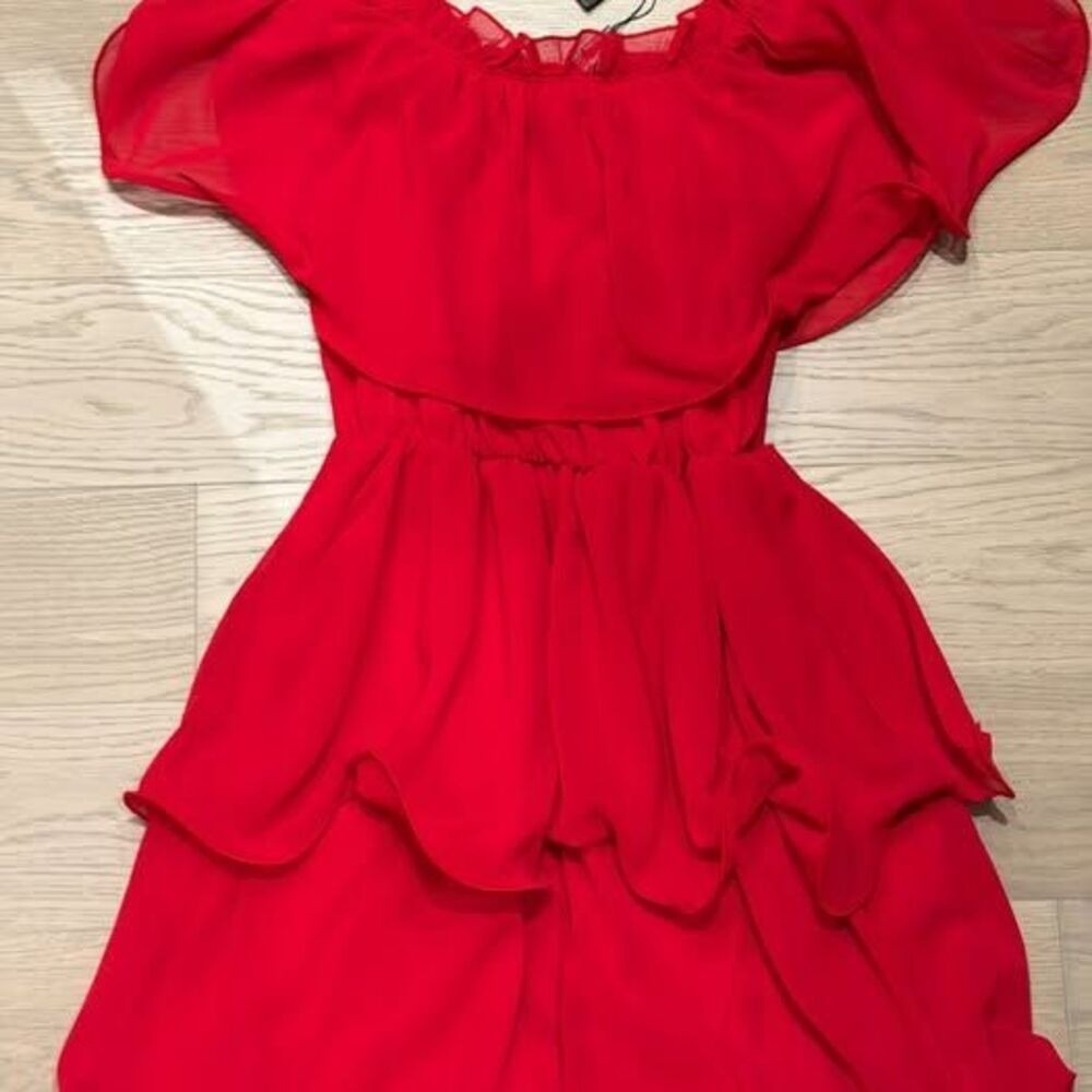 PrettyLittleThing Ruffled Tiered Coquette Mini Dress Women's 2 Small Tomato Girl